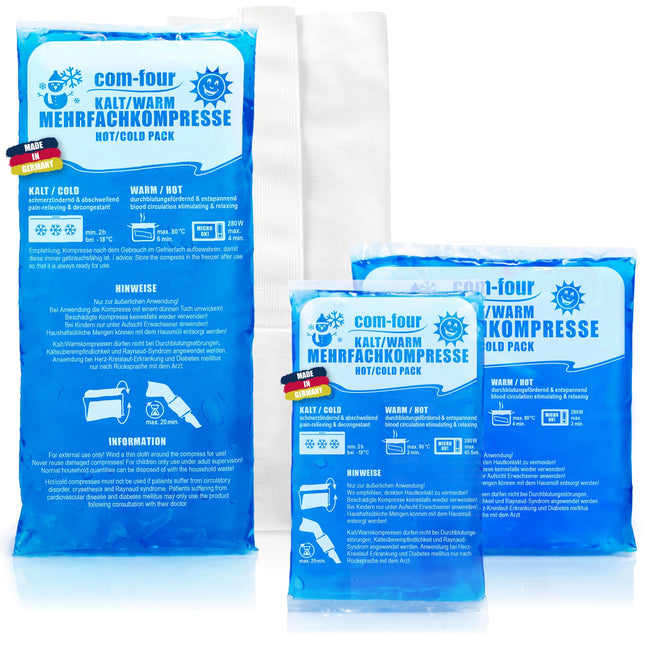 com-four® 3X multiple compresses in 3 different sizes with fleece cover, warm &amp; cold compresses - economy pack cooling pads, cooling packs - microwave-safe - Made in Germany (3 pieces)