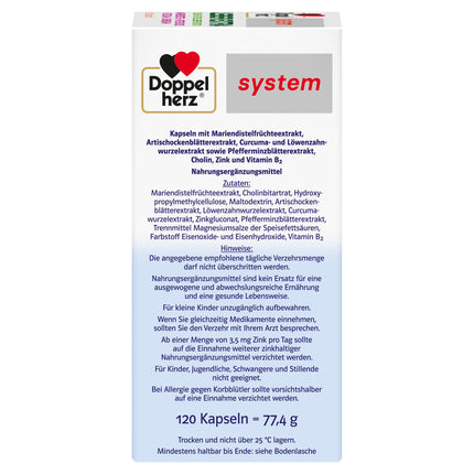 Doppelherz system LIVER EXTRA - Herbal Extra plus Choline to contribute to normal liver function - 120 Capsules