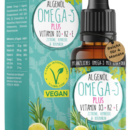 Omega-3 Algae Oil PLUS - 40% DHA and 20% EPA with Vitamin D3 + K2 + E - Lemon and Rosemary Extract - Vegan (20ml = 4-month supply)