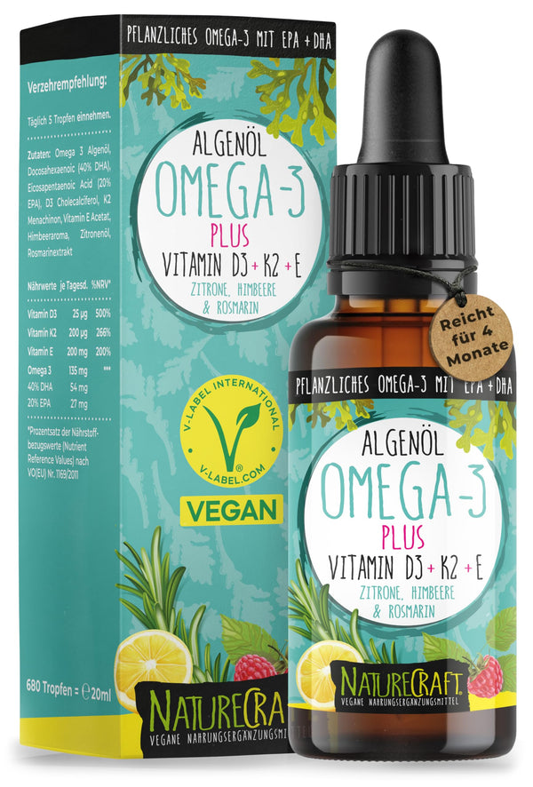 Omega-3 Algae Oil PLUS - 40% DHA and 20% EPA with Vitamin D3 + K2 + E - Lemon and Rosemary Extract - Vegan (20ml = 4-month supply)
