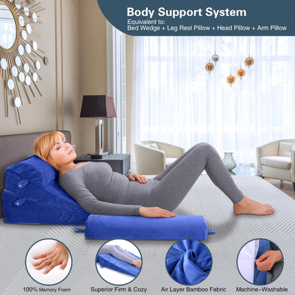 WDBBYL Bed Wedge Pillow Set, 4-Piece Sleeping Elevator Support for Post Surgery Recovery, Acid Reflux, GERD, Snoring, Washable Velvet Cover, Blue