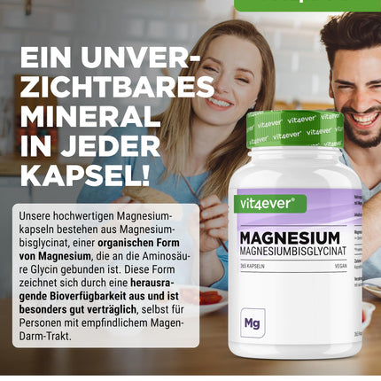 Magnesium Bisglycinate - 365 Capsules - Premium: Chelated Magnesium - 155 mg elemental magnesium per capsule - Laboratory tested - Vegan - High dosage