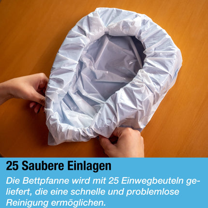 Heavy-duty bedpan set with 25 super absorbent pads and liners - For hospital or home use of elderly and bedridden patients - Pads absorb up to 1000ml