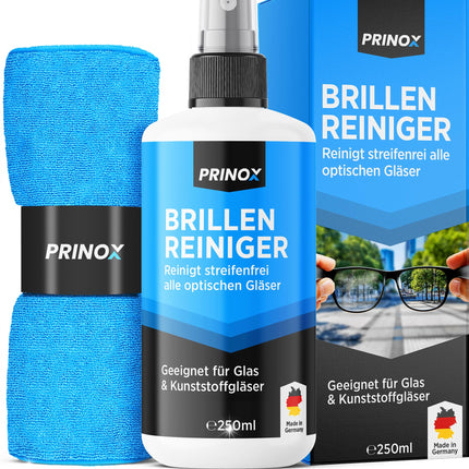 PRINOX® Glasses Cleaner Set 250ml with microfiber glasses cleaning cloth - Glasses cleaner with microfiber cloth for all glasses against grease stains and fingerprints on the glasses