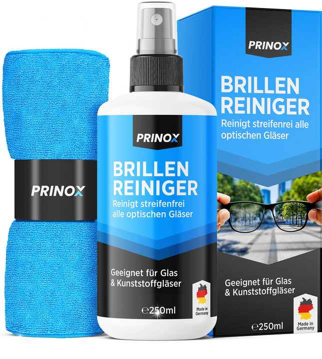 PRINOX® Glasses Cleaner Set 250ml with microfiber glasses cleaning cloth - Glasses cleaner with microfiber cloth for all glasses against grease stains and fingerprints on the glasses