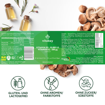 Vitabay Vitamin D3 K2 High Dose 10000 IU Depot - 180 Vegan &amp; Laboratory-Tested Vitamin D Tablets without Additives - Contributes to the Support of the Immune System and the Maintenance of Normal Bones