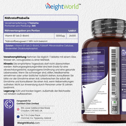 Biotin Tablets - 12,000 mcg per tablet - Biotin contributes to the maintenance of normal hair (EFSA) - 365 vegan tablets - 1 year supply - No magnesium stearate - Vitamin B7 - WeightWorld