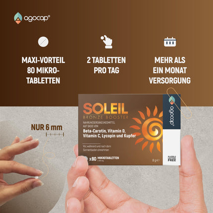 SOLEIL, Tanning Capsules with Beta Carotene for Natural Tan – 2 in 1 Self-Tanner – Effective Sun Protection with High Dose Beta Carotene – with Vitamins C, E, D, Selenium and Copper – 80 Tablets