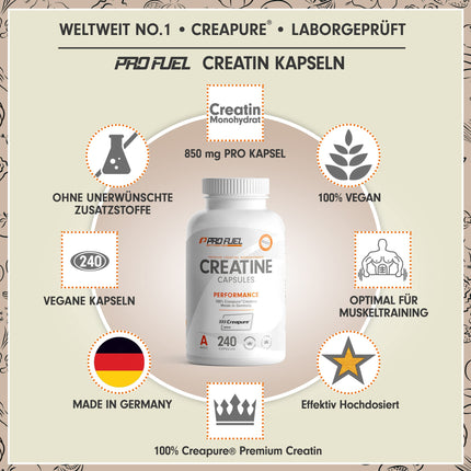 Creatine capsules 240x with 850mg Creapure® creatine monohydrate - high-quality creatine made in Germany - optimally dosed with 3000 mg of pure creatine per day - laboratory-tested with certificate - 100% vegan