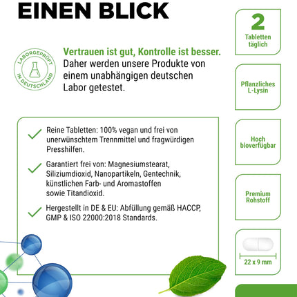 L-Lysine - 365 Tablets - High Dose with 2000 mg L-Lysine HCL per day - From Plant Fermentation - No Additives - Vegan
