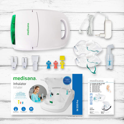 Medisana IN 550 Inhaler, inhalation device with mouthpiece and mask for adults and children, nebulizer inhaler for colds or asthma with extra accessories, integrated accessory compartment