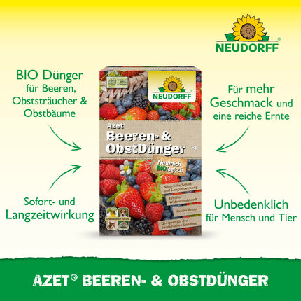Neudorff Azet Berry &amp; Fruit Fertilizer – Organic fertilizer for more flavor and a rich harvest of berries and fruit with natural immediate and long-term effects, 1 kg, Brown