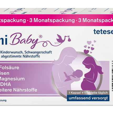tetesept Femi Baby – 16 nutrients for fertility, pregnancy &amp; breastfeeding – with folic acid, iron, iodine + DHA – 1 x 3-month pack of 90 tablets + 90 capsules