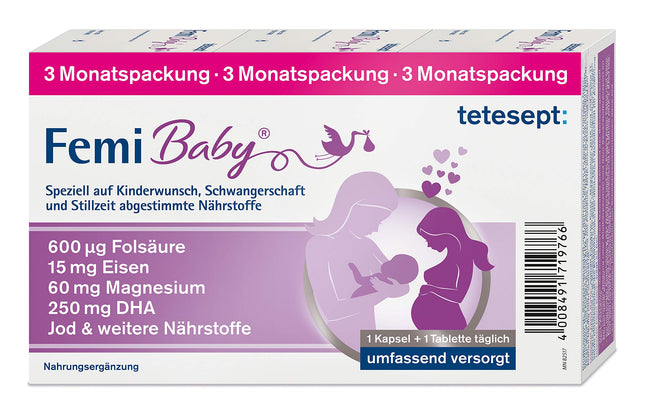 tetesept Femi Baby – 16 nutrients for fertility, pregnancy &amp; breastfeeding – with folic acid, iron, iodine + DHA – 1 x 3-month pack of 90 tablets + 90 capsules