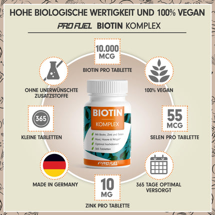 Biotin high-dose 10,000 mcg - 365 Biotin tablets with zinc &amp; selenium - High-quality complex for hair growth, skin &amp; nails - Laboratory-tested with certificate - 100% vegan - 1-year supply pack