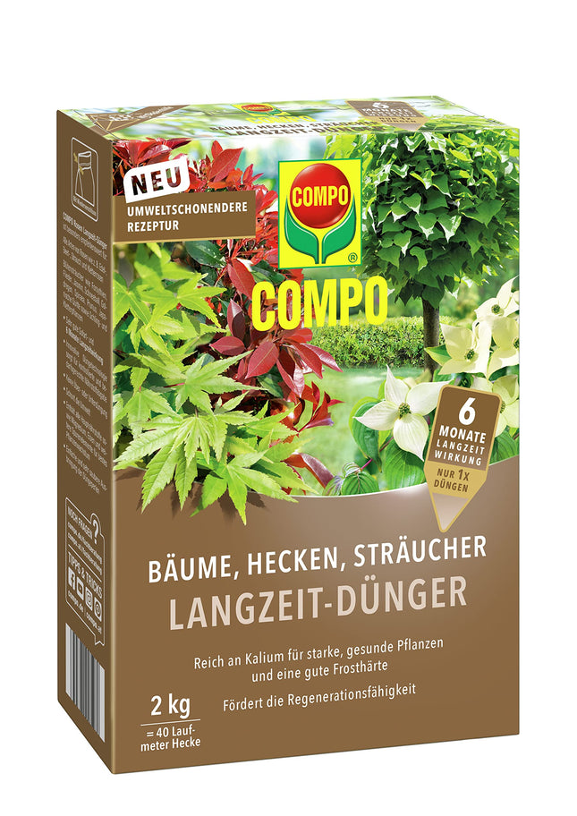 COMPO Trees, Hedges, Shrubs Long-Term Fertilizer, Environmentally Friendly Formula, 6 Months Long-Term Effect, 2 kg, For 40 Meters of Hedge