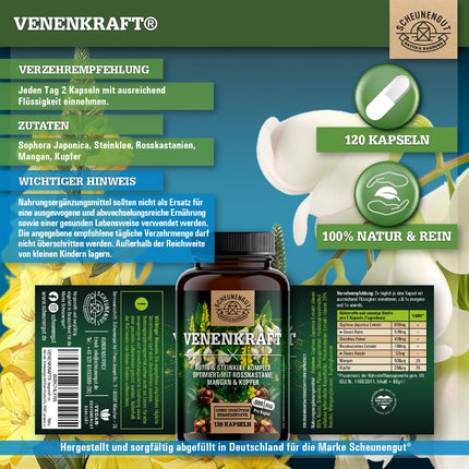 VENENKRAFT® Rutin Sweet Clover Capsules High Dosage - IMPORTANT: Laboratory-tested vein complex with rutin, sweet clover, horse chestnut extract, manganese, copper &amp; more | 120 pcs -DE- SCHEUNENGUT®