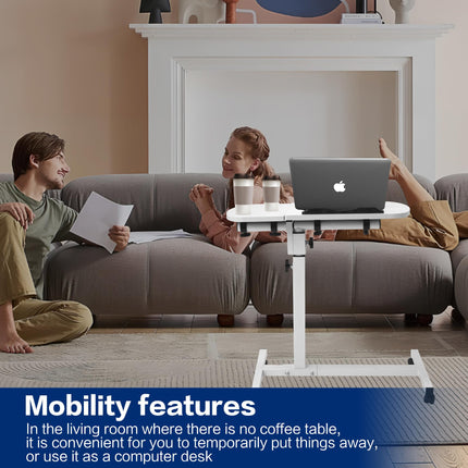 mosegor Mobile Side Table Height-Adjustable Nursing Table for Bed with 4 Casters, 60×40cm Laptop Table, Rotating Overbed Table for Living Room, Bedroom, Office, Bed, Sofa, Max. 20KG, White