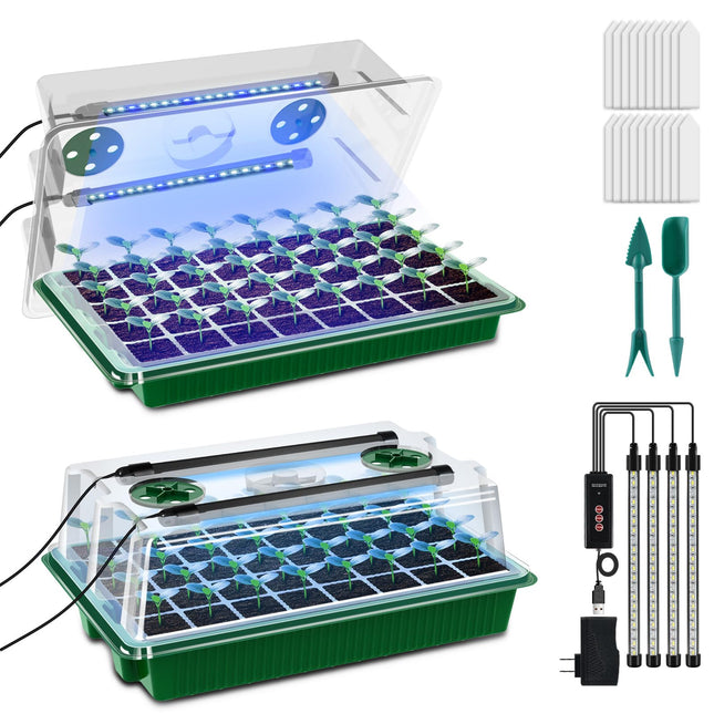 AONYIYI Indoor Greenhouse Propagator, 2 Pack 80 Hole Mini Greenhouse Propagator with 4 Grow Lights, Propagator with Timing Controller Adjustable Brightness with 10 Plant Labels