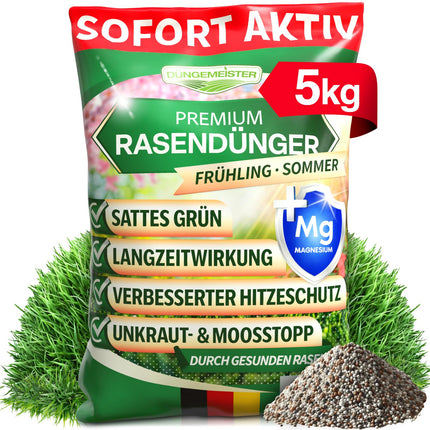 DÜNGEMEISTER lawn fertilizer for your lushest dream lawn – healthy, dense, and lush green lawn immediately with revolutionary AI formula – long-term NPK/Organic spring/summer (5 kg)