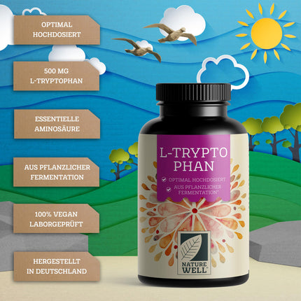 High-dose L-tryptophan - 300 capsules - 500mg L-tryptophan per capsule - 10-month supply - vegan L-tryptophan from fermentation - laboratory-tested, without unwanted additives, vegan