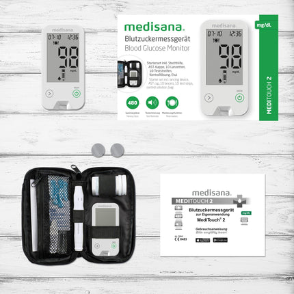 Medisana MediTouch 2 mg/dL blood glucose meter, starter set with test strips for diabetics, lancets for blood glucose monitoring, diabetes set, rapid test