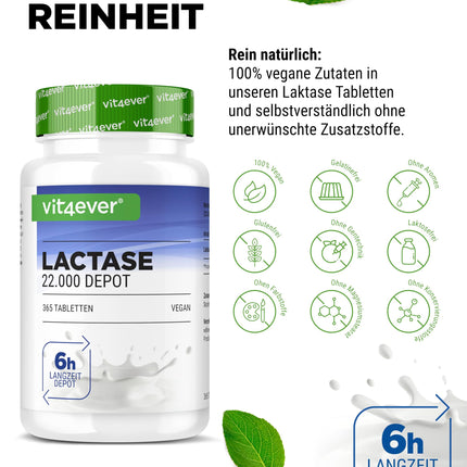 Lactase 22,000 Depot - 365 tablets with depot effect (Sepismart® Slow Release) - High dosage with 22,000 FCC units - For lactose and milk intolerance - No unwanted additives