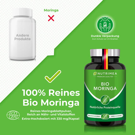 MORINGA Oleifera Capsules | Organic Certified NO Additives | Made in Germany | Energy Tabs in a 4-month supply | SUPERFOOD 100% VEGAN