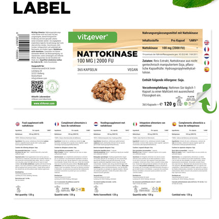 Nattokinase - 365 capsules with 100 mg each (20,000 FU/g) - 12-month supply - Vegan - Non-GMO - No unwanted additives