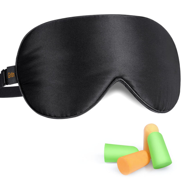 Gritin Silk Sleep Mask, Light-Blocking Eye Mask Night Mask 100% Skin-Friendly Silk Odorless Sleep Mask with Adjustable Strap and Earplugs for Men, Women and Children