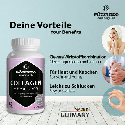 Collagen capsules high-dose + hyaluronic acid + chondroitin + lysine, 600 mg pure collagen hydrolysate per day, 60 capsules for 1 month, bioactive &amp; without additives, Made in Germany