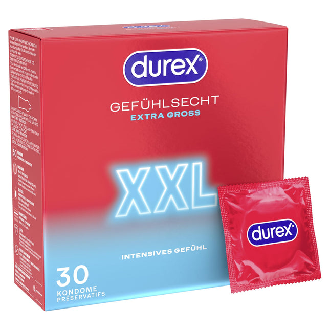 Durex Feeling XXL Condoms – Thin condoms with a large fit &amp; moistened with silicone lubricant, transparent, pleasant smell – for a comfortable fit – 30-pack (1 x 30 pieces)