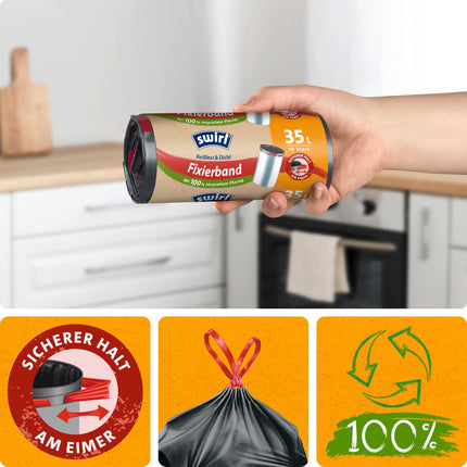 Swirl Tear-resistant &amp; Sealing Fixing Tape Garbage Bags 35 l (4 x 10 bags), drip-proof garbage bags for household waste, tear-resistant garbage bags for a secure hold on the garbage can