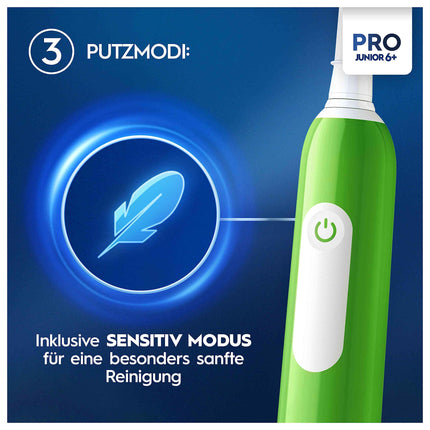 Oral-B Pro Junior Electric Toothbrush for children ages 6 and up, pressure sensor, 3 brushing modes including sensitive for dental care, soft bristles &amp; timer, designed by Braun, green