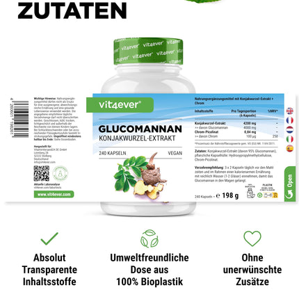 Glucomannan from Konjac Root - 240 Capsules - High Dose with 4200 mg per Daily Serving - Optimized with Chromium - Vegan