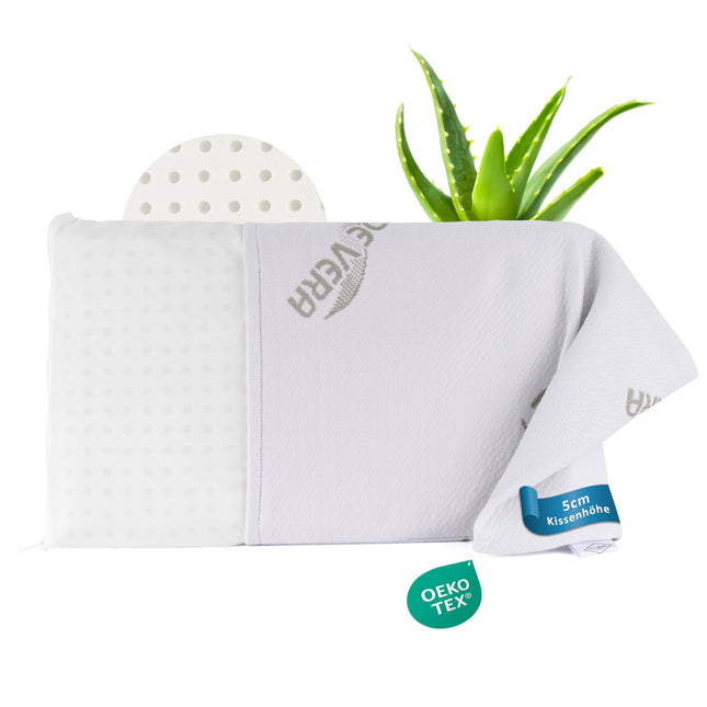 MaxxGoods orthopedic flat pillow made of Visco gel foam + incl. cotton cover + aloe vera protective cover - neck support pillow for cervical spine support - pillow for babies &amp; children (50x30x5cm)