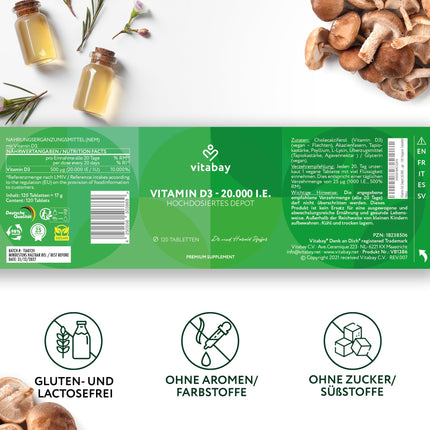 Vitabay Vitamin D3 Depot 20,000 IU - 120 Vegan Tablets High Dose &amp; Vegan - No Additives - Contributes to supporting the immune system and maintaining normal bones