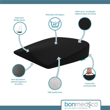 bonmedico Orthopedic Wedge Cushion for Chair &amp; Car, Ergonomic Wedge Cushion - Comfortable Seat Cover for Car and Travel - Wellness (Black)