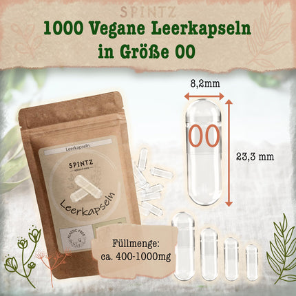 SPINTZ Vegan HPMC Empty Capsules Size 00 (250 pcs.) | Independently laboratory tested | Plastic-free &amp; sustainably packaged | 100% plant-based cellulose, non-GMO, allergen-free, transparent