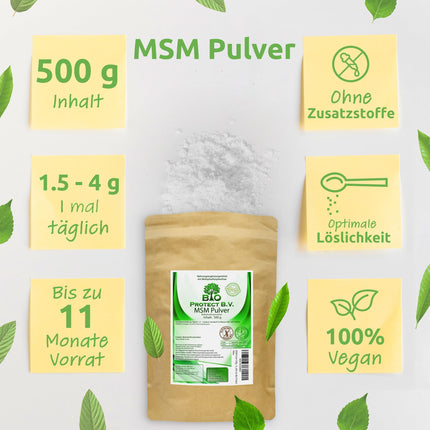 MSM Powder 500g - 99.9% pure - No additives - Vegan - 1/2 kg Premium MSM - Methylsulfonylmethane - Organic sulfur from Bio Protect