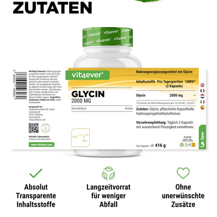 Glycine - 365 Capsules - Highly dosed with 2000 mg L-Glycine per daily serving - Particularly high purity - no additives - Vegan