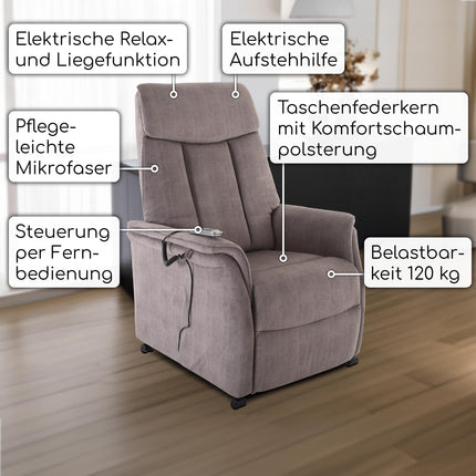 Raburg TV chair with stand-up aid, recliner chair with reclining function, electric with remote control, 2 motors, pocket spring core/comfort upholstery, up to 120 kg, microfiber, Emma, ​​silk grey