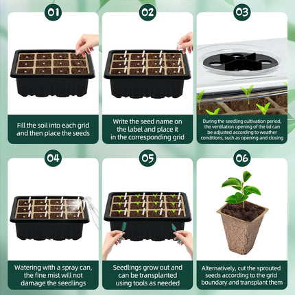 Ulikey 10 Pack Indoor Greenhouse Propagator, 120 Hole Mini Greenhouse Propagator with 20 Plant Labels and 2 Gardening Tools, Degradable Grow Pots with Lids, Ventilation for Seedling Plants (Black)