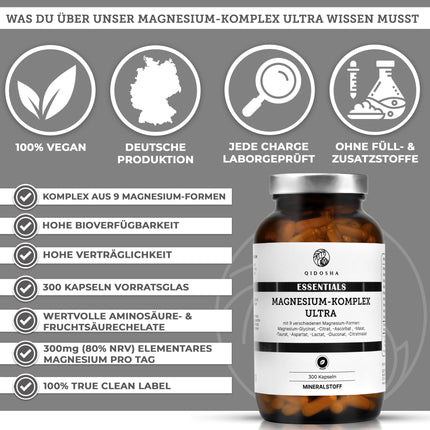 QIDOSHA® Magnesium Complex high-dose, 300 capsules in a pharmacist's glass, 9 Mg forms with complementary active ingredients as a full-spectrum Mg, 300mg elemental magnesium/daily serving