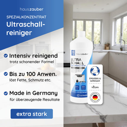 hauszauber® - Ultrasonic Cleaner Concentrate [EXTRA ECONOMICAL] 1000 ml - Cleans glasses, jewelry, dentures, coins, small parts, etc. - For ultrasonic devices &amp; ultrasonic baths