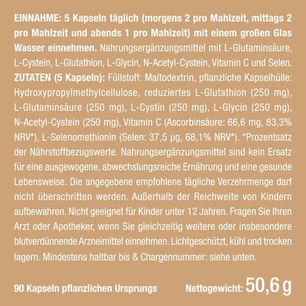 L-GLUTATHIONE reduced to 98% | Optimal formula with precursors + vitamin C | Tripeptide: Glutamic acid, cysteine, glycine | 90 capsules, vegan, high dosage