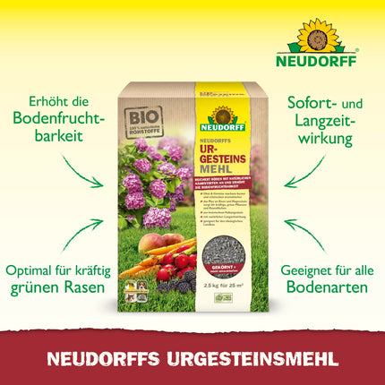 Neudorff UrgesteinsMehl - Natural diabase rock flour with natural long-term effect for soil improvement for all soil types, 2.5 kg for 25 m²