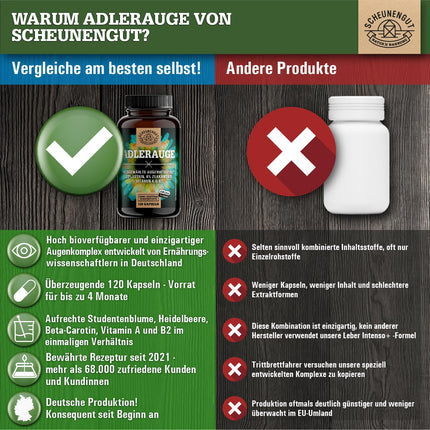 ADLERAUGE® Eye Vitamins High Dose - IMPORTANT: Laboratory-tested brand complex with lutein, zeaxanthin, blueberry extract, beta-carotene, vitamins A+B &amp; more | 120 pcs -DE- SCHEUNENGUT®