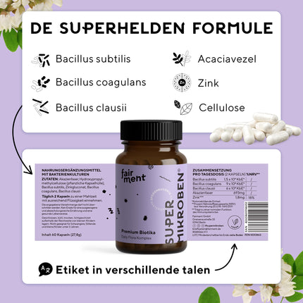 fairment SuperMicrobes® Bacteria Strains 3 billion CFU/daily dose, with zinc, vegan, histamine-friendly and high-dose, 60 Capsules from Germany