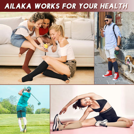 Ailaka Compression Socks for Men and Women, 20-30 mmHg Medical Knee High Socks, Open Toe Socks for Varicose Veins, Edema, Recovery, Pregnant Women, Nurse